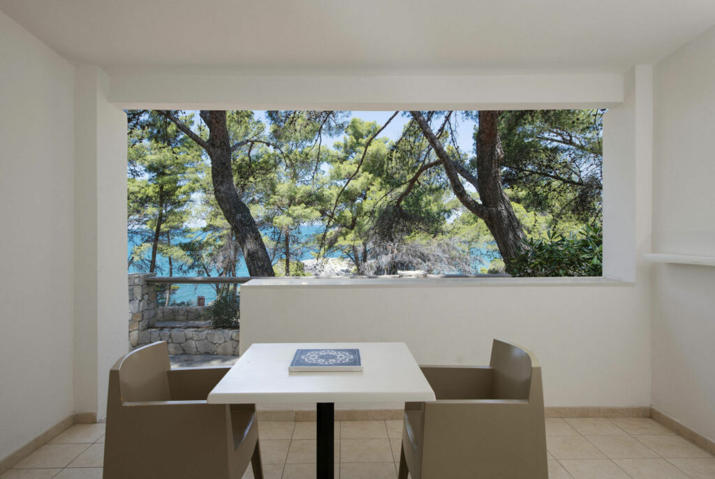 Sala da pranzo della camera con finestra sui pini