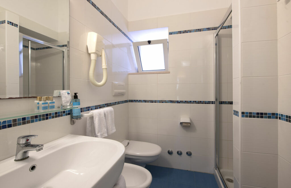 Bagno della camera con doccia e piastrelle blu